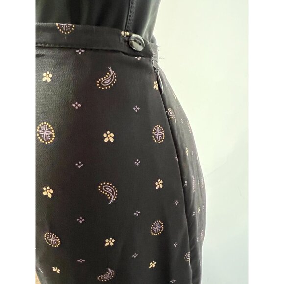 Vintage Black Midi Skirt sz 10 With Paisley & Floral Print Side Slit Button Clo - Picture 7 of 15